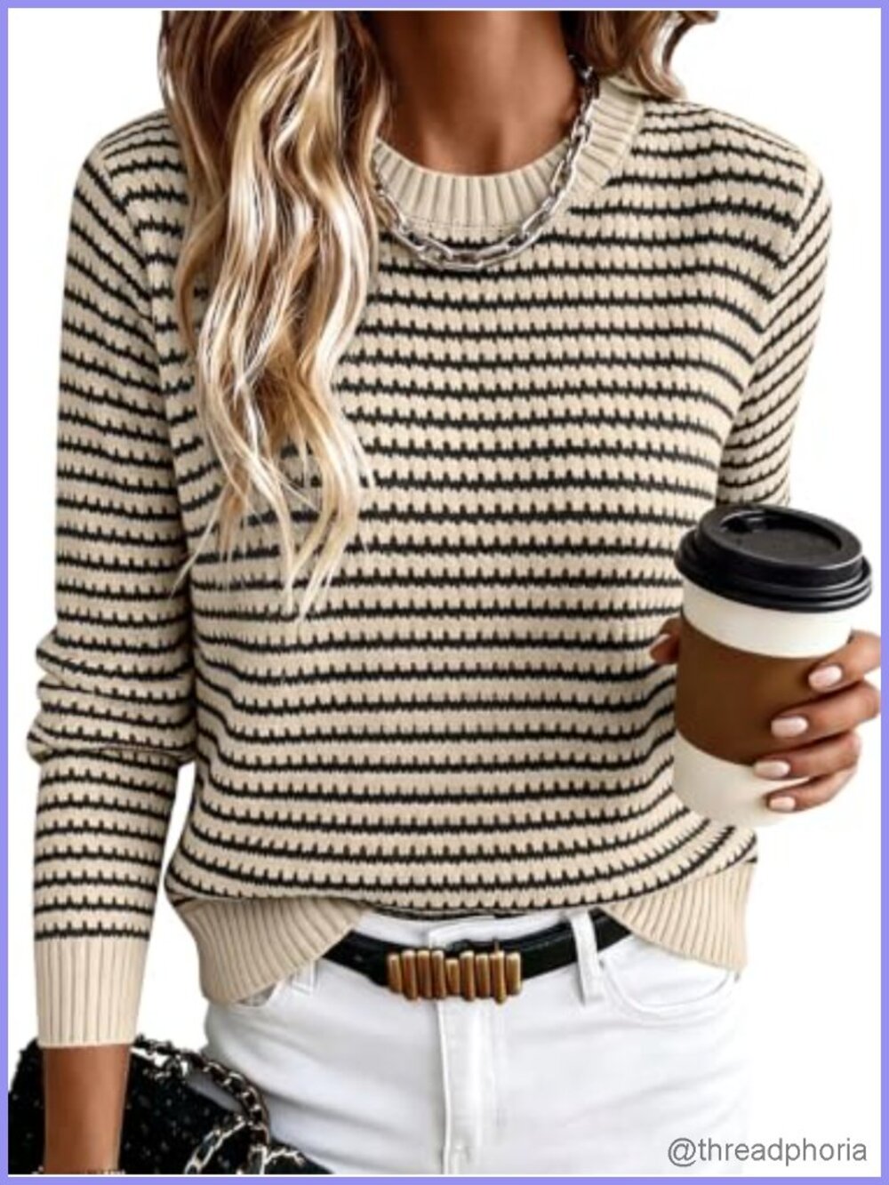 Long Sleeve Striped Crochet Sweater Pullover - Acrylic Blend Lightweight Knit